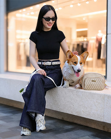 Bobotails floral brilliance modern pet parent lifestyle from matching dog harness leash set,matching woman belt and dog walking bag