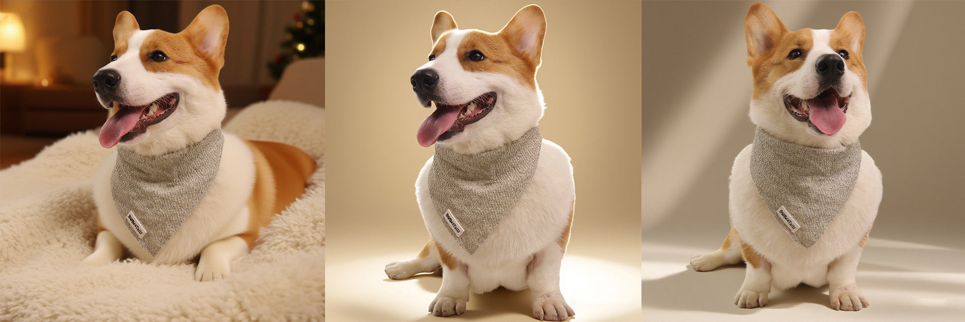 a medium size dog corgi wearing chunky knitted dog bandanas