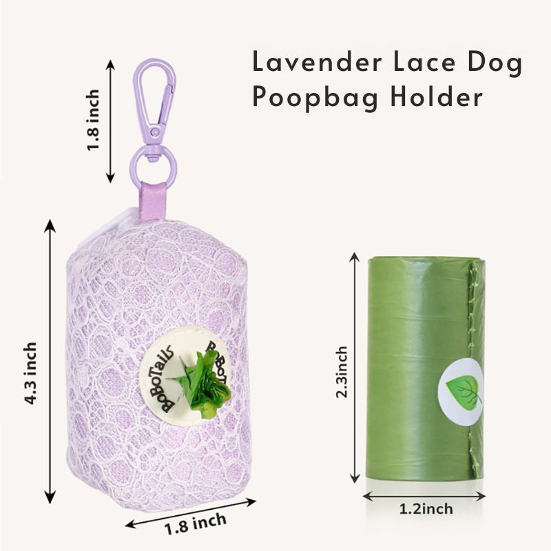 Lavender lace dog poop bag holder matching the leopard harness and owner accessories for daily dog walks