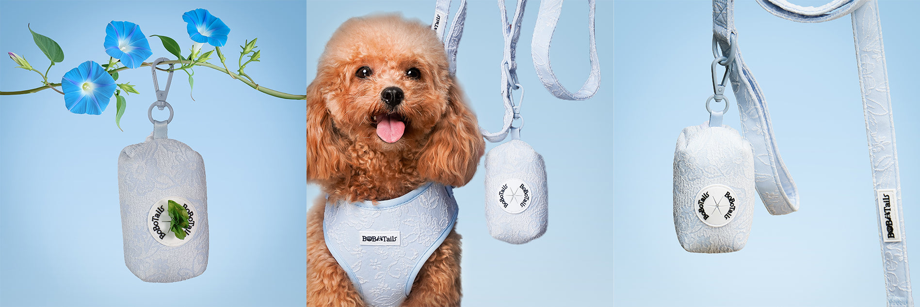 morning glory blue dog poop bag holder matching the leopard harness and owner accessories for daily dog walks