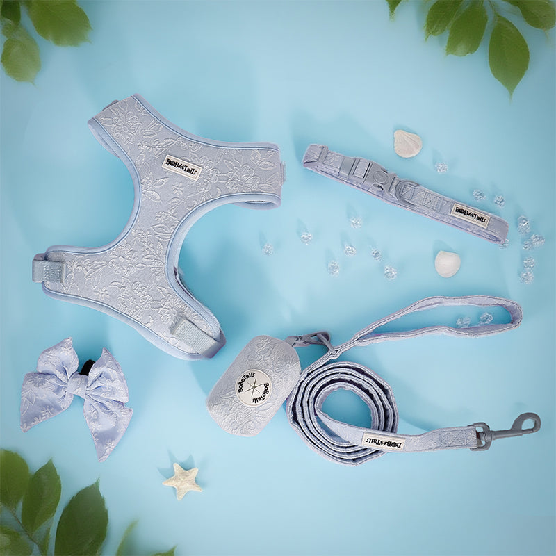 morning glory blue Dog harness, leash, bowties and collar as part of a complete dog and owner matching accessory set