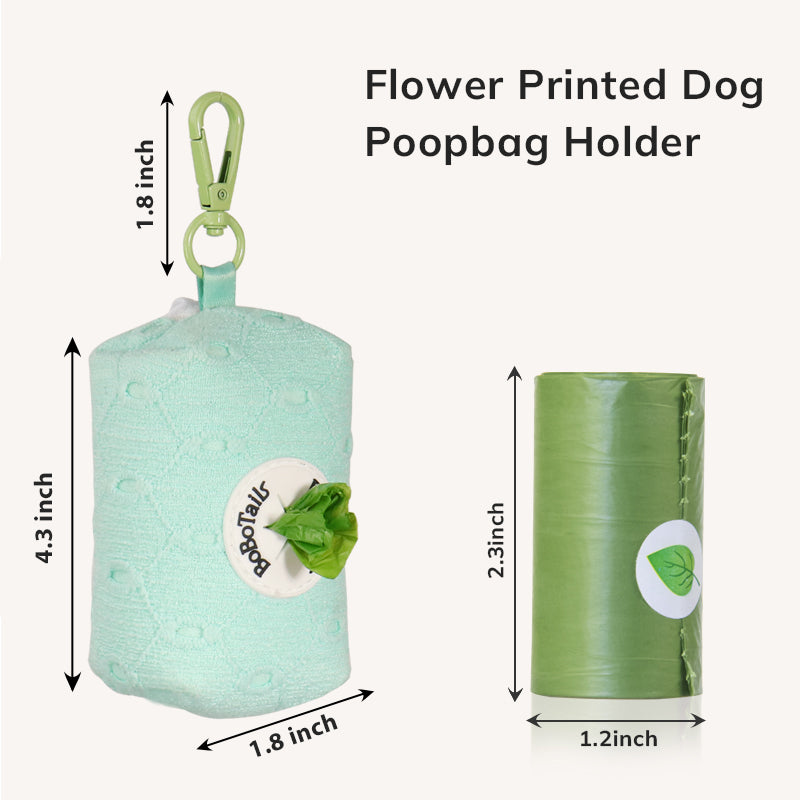 Flower printed dog poop bag holder with measurements on a white background