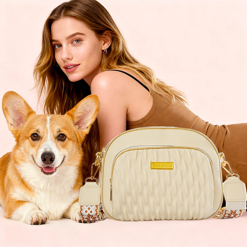 beige crossbody dog walking bag for pup moms | Bobotails