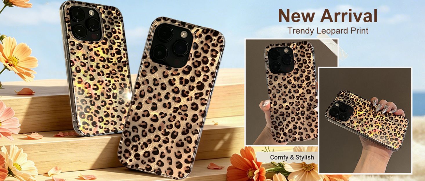 Leopard print phone cases displayed on wooden blocks with flowers, alongside inset photos showing the cases worn on phones and held in a hand. Text reads 'New Arrival Trendy Leopard Print'.