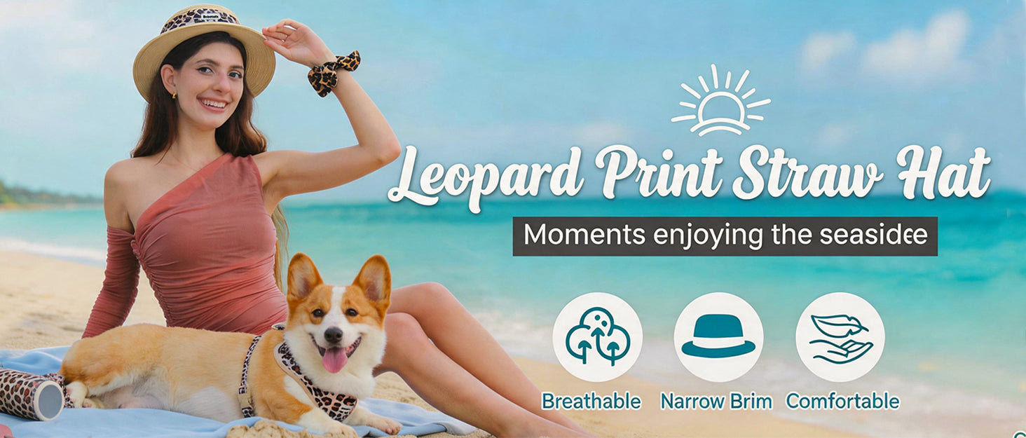 A woman and a corgi dog relax on a sandy beach wearing leopard-print straw hats, with text reading 'Leopard Print Straw Hat' and beach-themed graphics in the background.