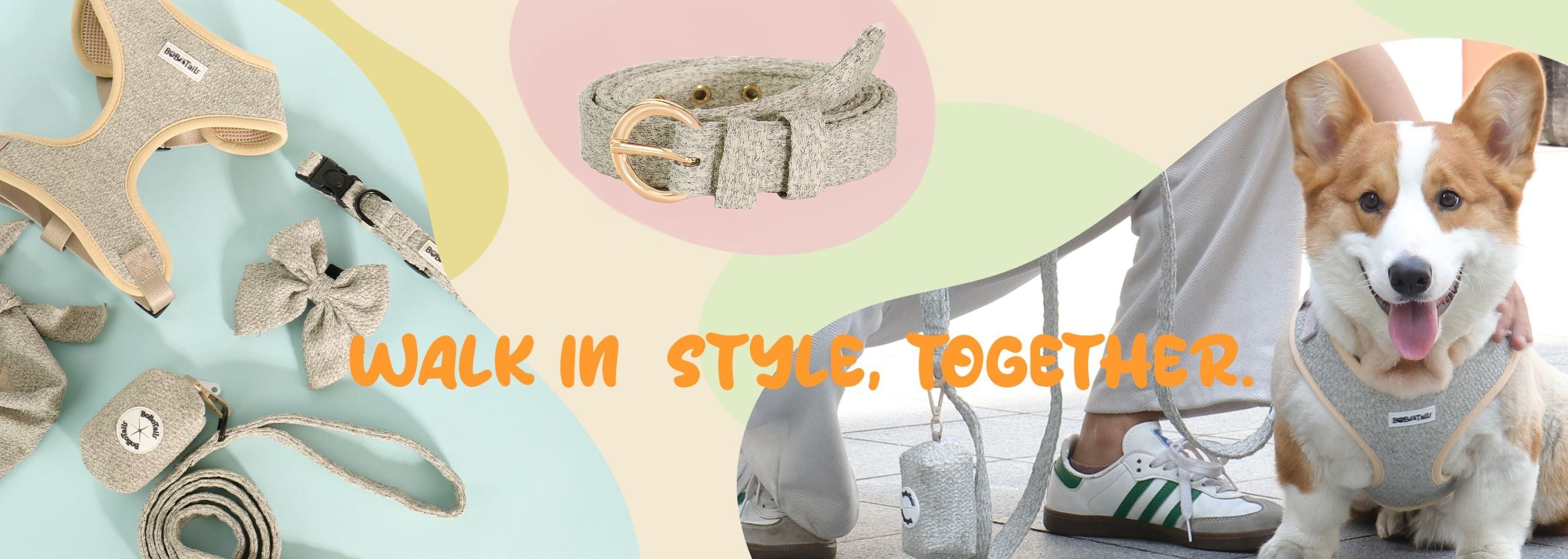 Dog accessories including a harness, collar, leash ,women's belt,bow tie and bandana for small and medium siz dog 'Walk in Style, Together'.