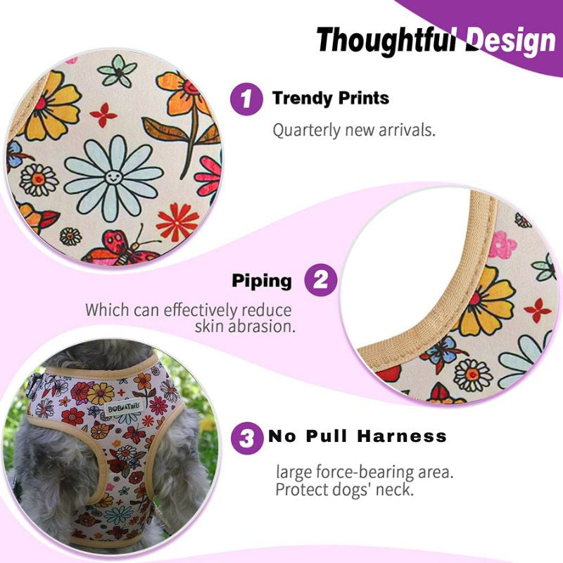 detail of flower printed dog harness Side view of dog harness showing fit and comfort within a coordinated dog and owner matching system
