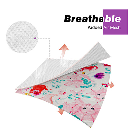 A baby blanket or mat with a pink and teal cartoon animal print, shown partially folded to reveal a white padded air mesh underside. The image includes marketing text reading 'Breathable Padded Air Mesh' and a circular inset showing the air mesh texture.