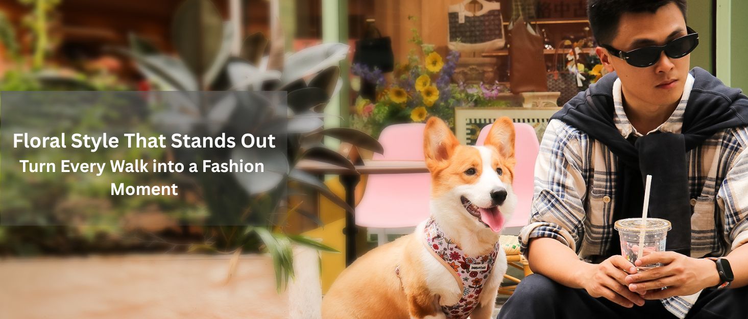 flower printed anti pull dog harness tching dog and owner accessories designed as one coordinated system