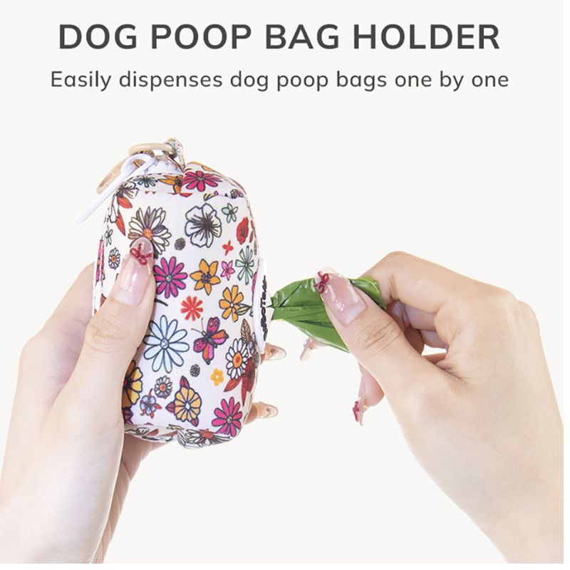 flower printed dog poop bag holder for leash matching the harness and owner accessories for daily dog walks