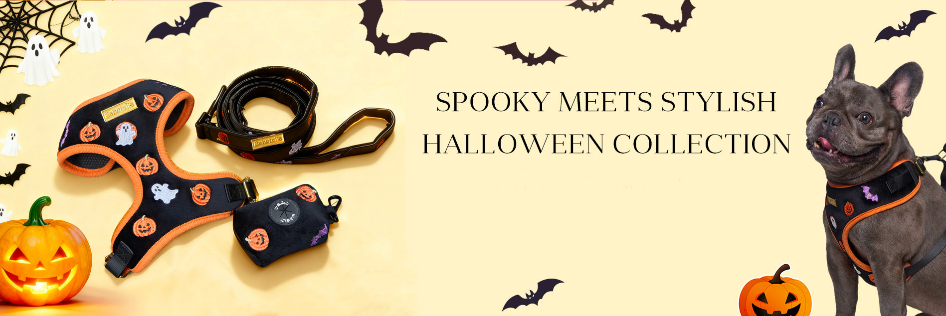 Halloween-themed dog products including a harness, leash, and collar on a beige background with pumpkins and bats-bobotails