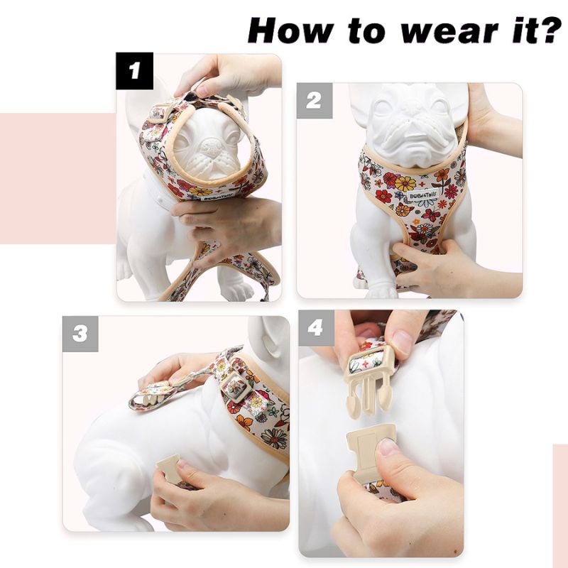 Step-by-step guide on how to wear a floral dog muzzle with hands demonstrating each step.