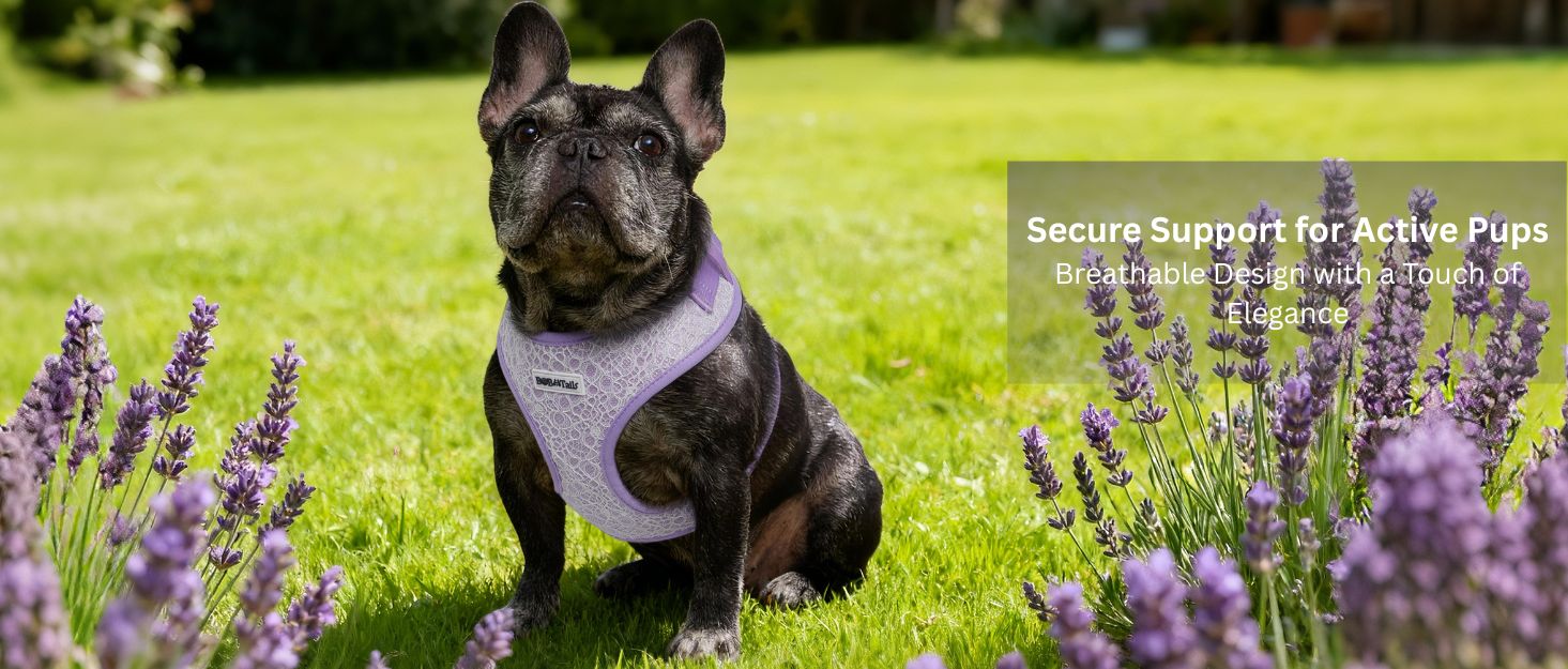 lavender lace dog with harness for medium dog designed as part of a matching dog and owner accessory system for everyday walks