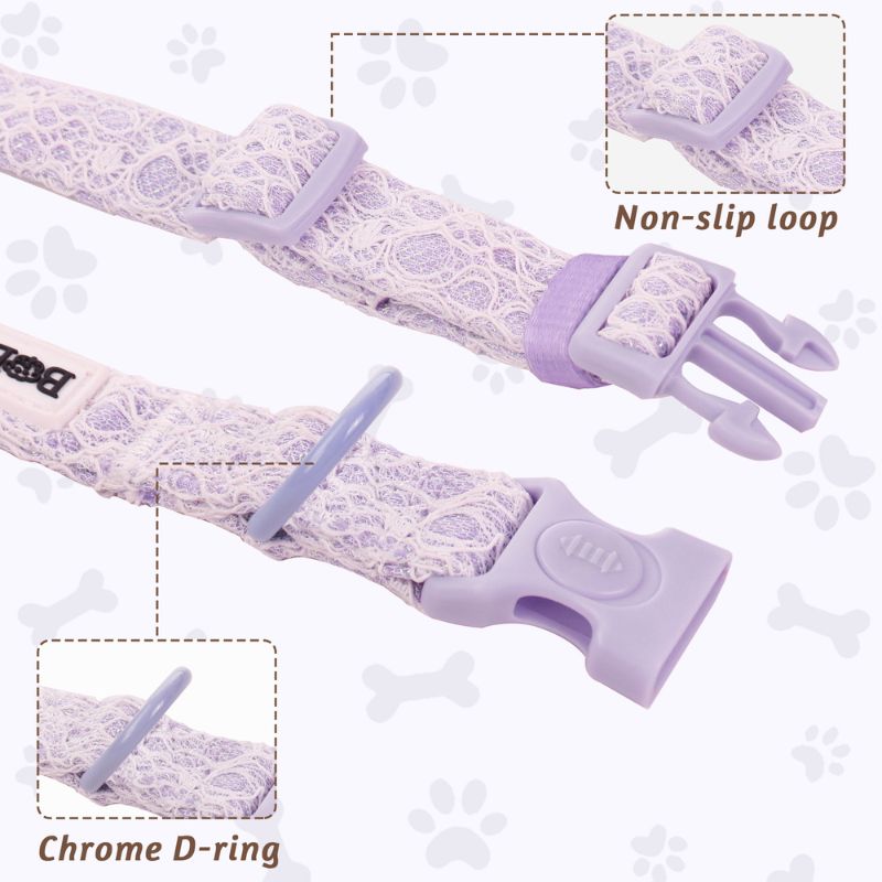 lavender lace small dog collars with non-slip loop and chrome D-ring on a light gray background with paw prints.