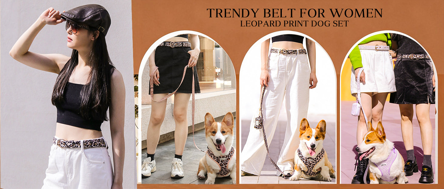 Woman walking her dog wearing leopard print matching dog and owner accessories designed as one coordinated system