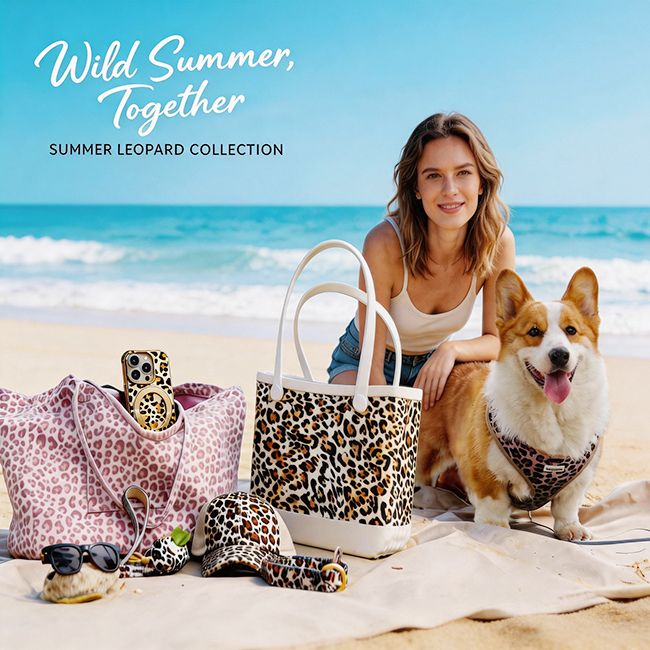 Woman with a dog on a beach with leopard print bags and accessories.