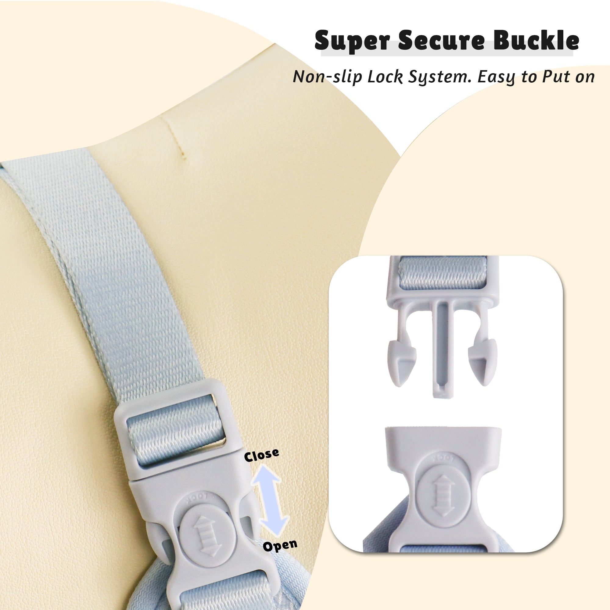 Gray strap with a super secure buckle on a beige background, showing close-up details.