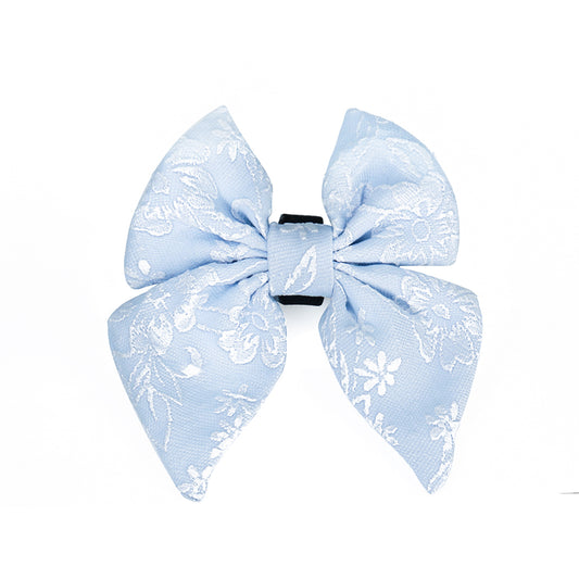 morning glory blue puppy bow tie dog collar designed as part of a matching dog and owner accessory system for everyday walks