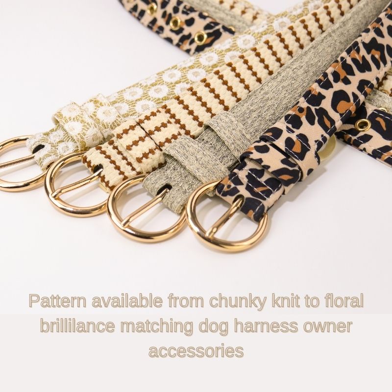 Dog harnesses with leopard print and floral patterns on a white background