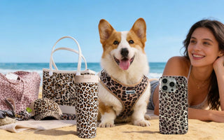 Bobotails Leopard Beach Collection — matching dog harness and owner accessories for beach lifestyle