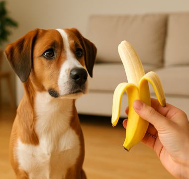 a dog looking at banana