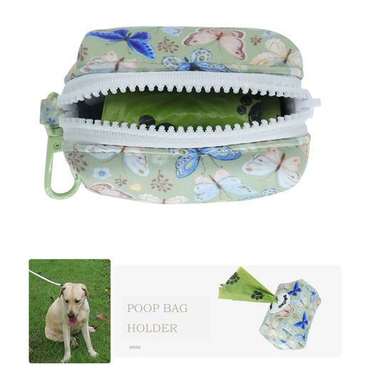 Bobotails Butterfly Printed collection Poop Bag Dispenser Holder 
 in lightweight pouch with zipper to hold waste bags 