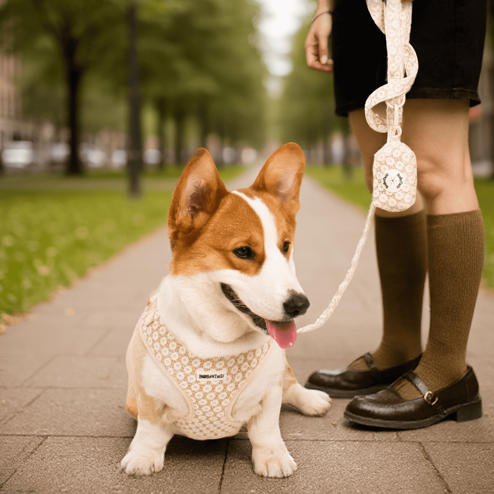 Dog wearing a patterned Bobotails floral brilliance dog harness leash set with poop bag holder sitting on a sidewalk with a person holding a leash.