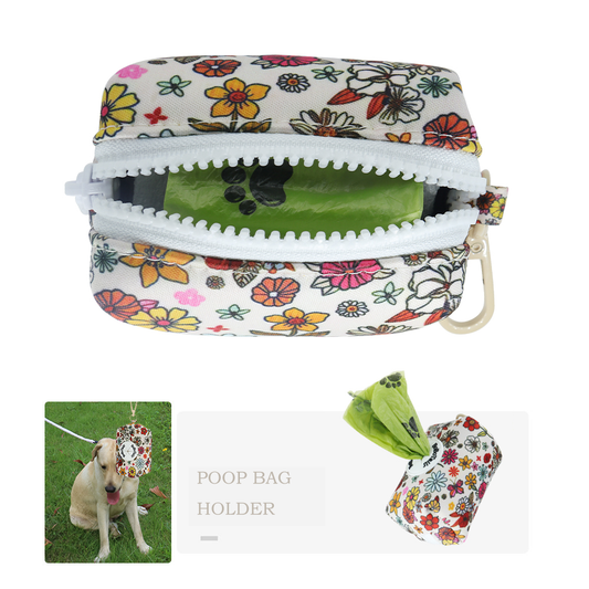 Bobotails Flower Love collection poop bag holders for leashes for lightweight pouch with zipper to hold waste bags and Carabiner on the leash backpack harness 