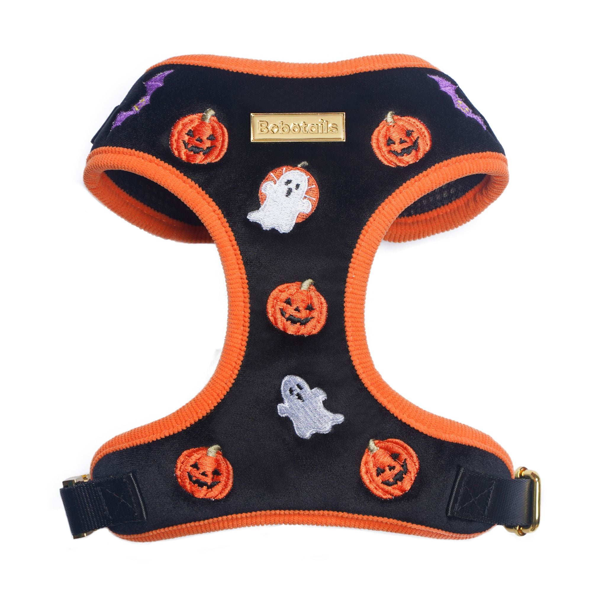 Halloween-themed dog harness with pumpkins and ghosts on a black background-Bobotails