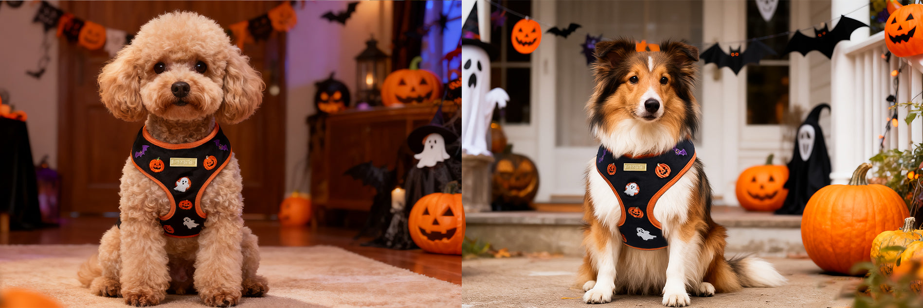 small size Cavalier King Charles Spaniel and medium size Border Collie are  wearing Halloween-themed harnesses in festive settings with pumpkins and decorations.