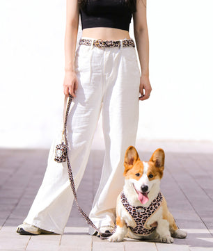 Bobotails leopard printed dog  harness leash set and matching woman belt for dog walking routines