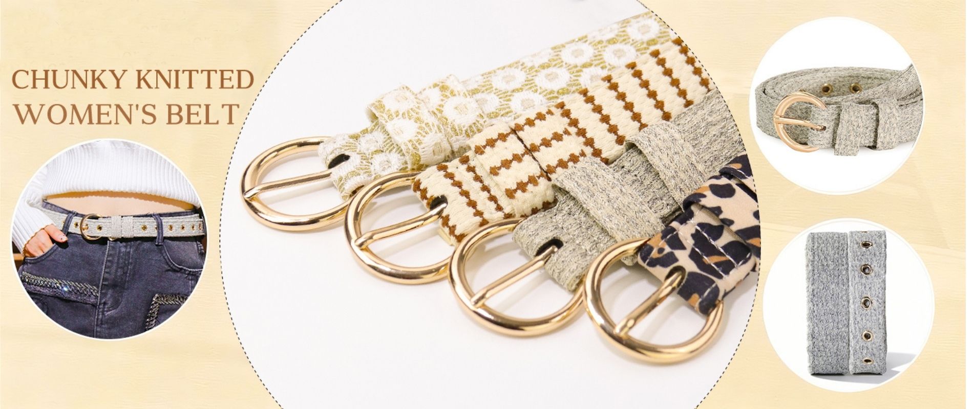 Chunky knitted women's belt with gold buckle designed to complement the harness and accessories within the set