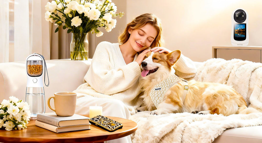 dog mom with medium dog corgi wearing bobotails brand dog harness sitting on sofa with leopard phone case