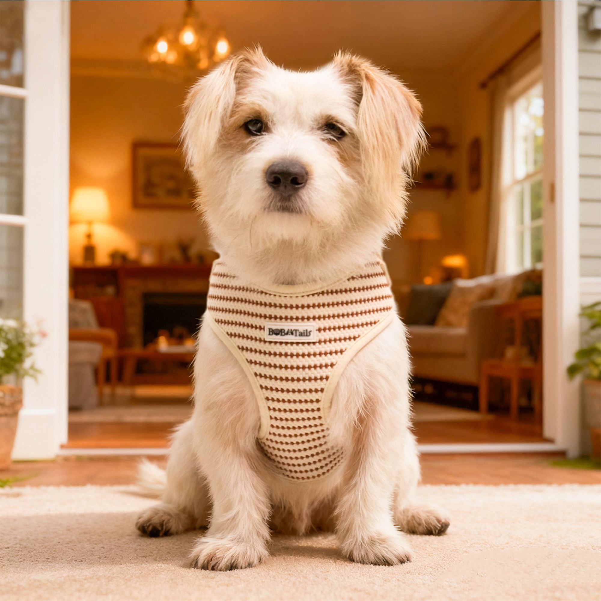 Small white  wearing a Bobotails small grain dog harness sitting on a carpeted floor in a home setting.