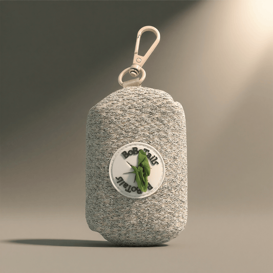 Chunky knitted pet poop bag holder with Carabiner clip to attached dog leash 