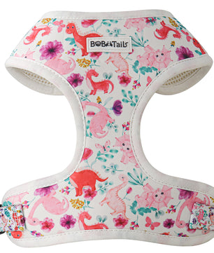 Dog harness with pink dinosaur and floral pattern designed as part of a matching dog and owner accessory system for everyday walks