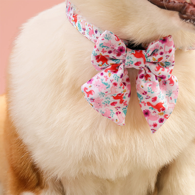 Dinosaur Printed bow tie collars for small dogs designed to match the harness and owner accessories in a coordinated system