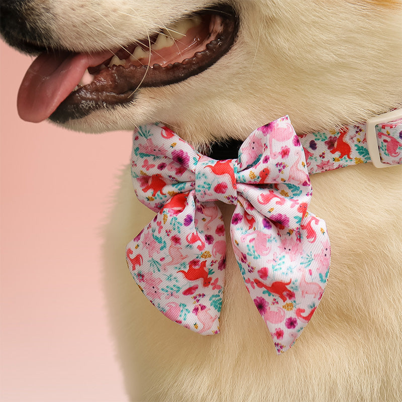 Dinosaur Printed christmas dog bow tie designed to match the harness and owner accessories in a coordinated system