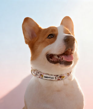 Flower Print bow tie for a dog matching harness and owner accessories for daily dog walks