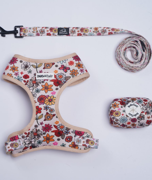 Flower Printed dog harness and leash set  as part of a complete dog and owner matching accessory set