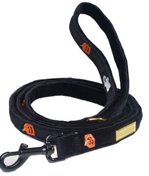 Black dog leash with orange logos and a gold tag on a white background