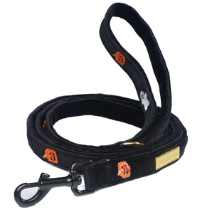 Black dog leash with orange logos and a gold tag on a white background