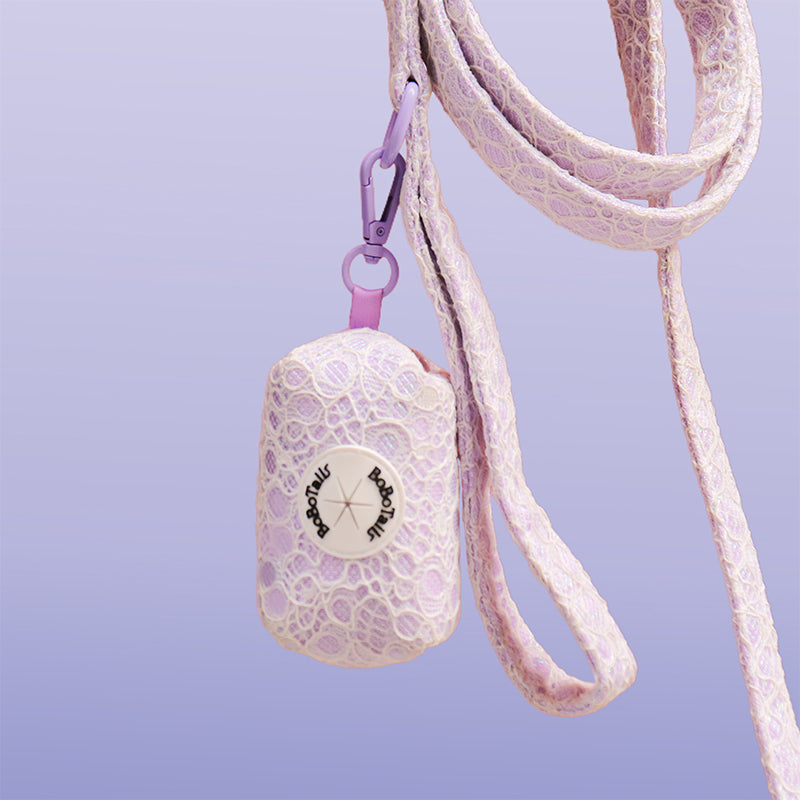 Lavender lace poop bag holders for leashes matching the Lavender laceharness and owner accessories for daily dog walks