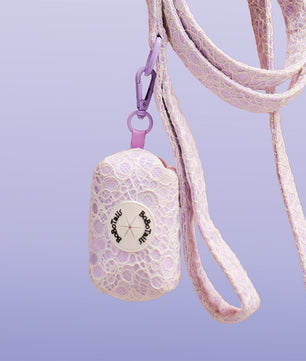 Lavender lace poop bag holders for leashes matching the Lavender laceharness and owner accessories for daily dog walks