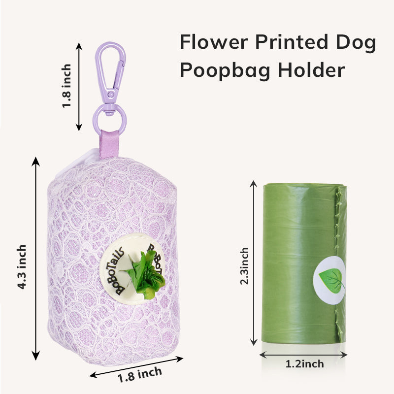 Flower printed dog poop bag holder with dimensions and a roll of green bags.