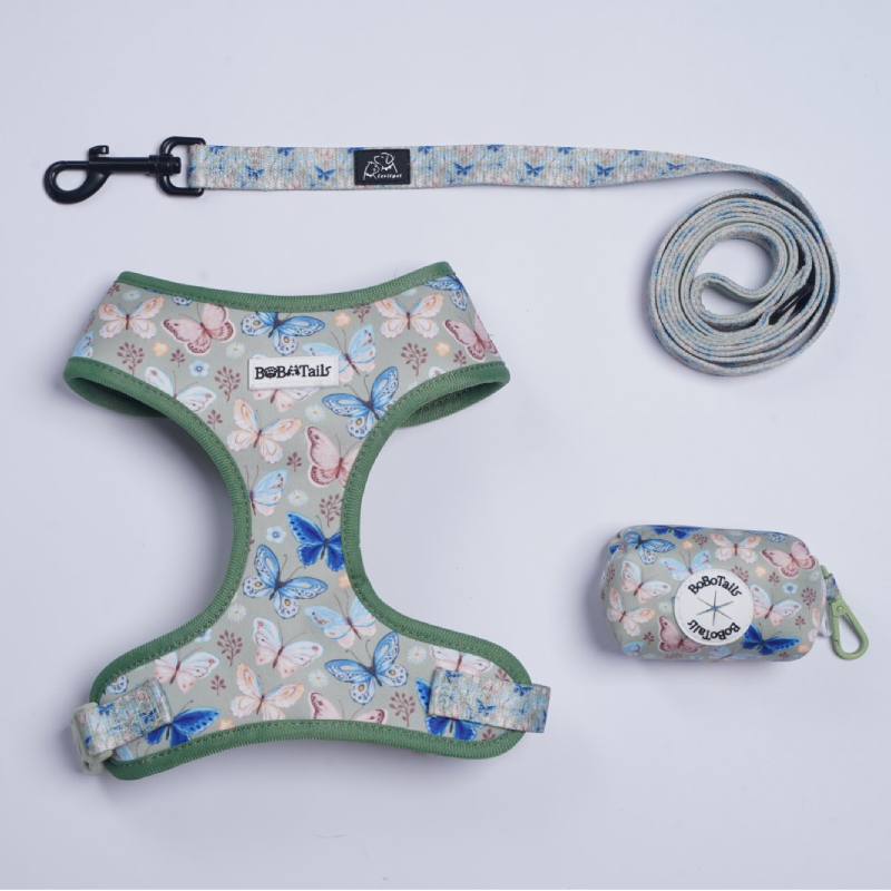 Butterfly Printed Harness, Leash and Poop Bag Holder Bundle
