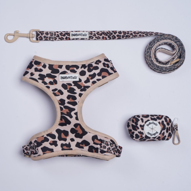 Leopard Printed Harness, Leash and Poop Bag Holder Bundle