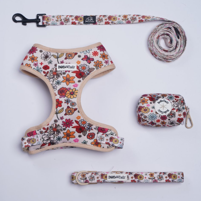 Flower Printed Harness, Leash, Collar and Poop Bag Holder Bundle