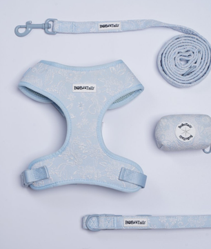 Morning Glory Blue 4-Piece Set – Floral Harness, Leash, Collar & Poop Bag Holder