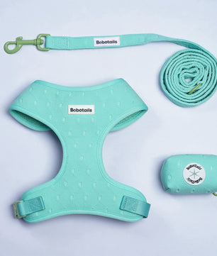 A mint green pet gear set including a textured harness, matching leash, and rolled-up storage pouch, all laid out on a light lavender background. The harness and leash feature white 'Bobotails' brand labels.